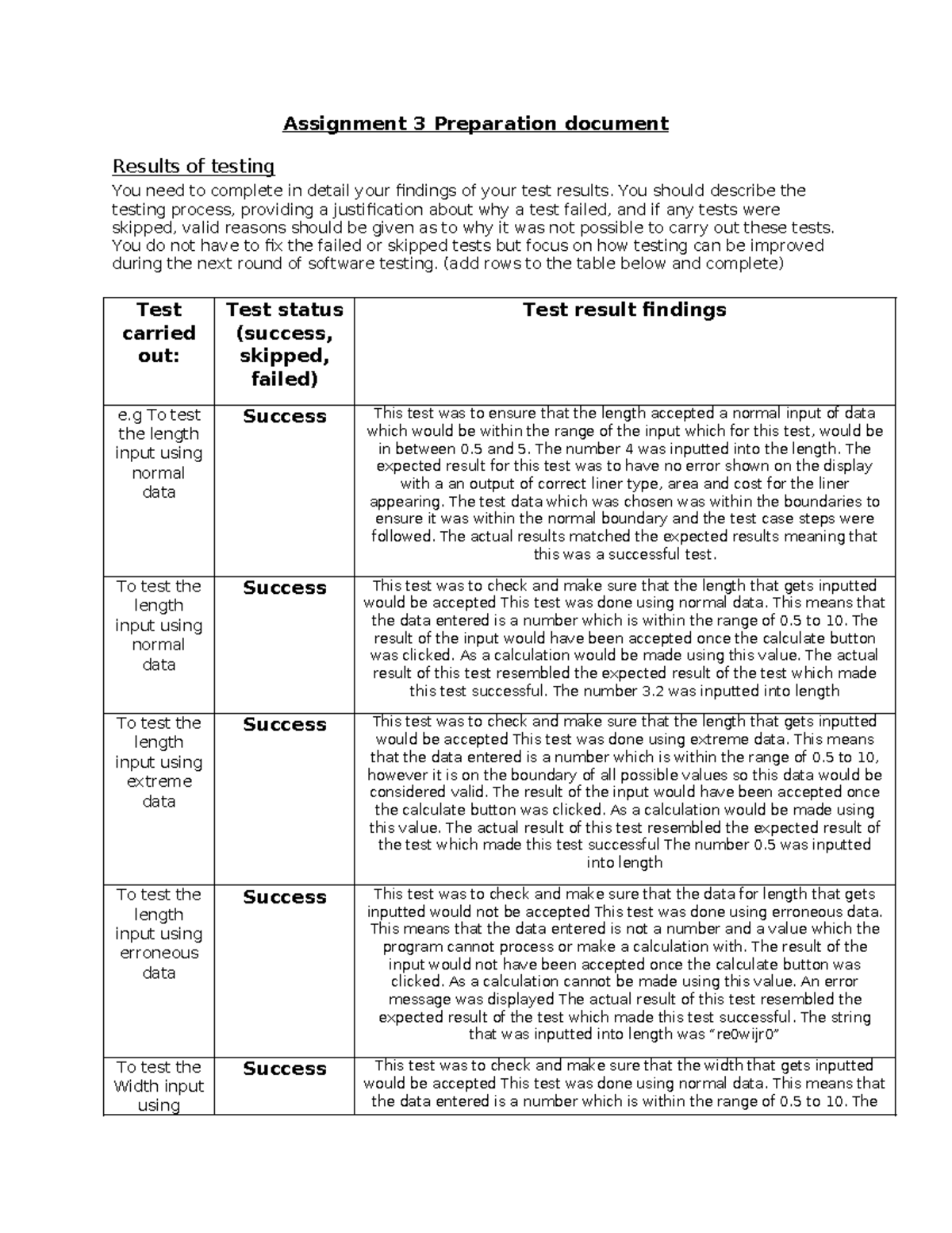 Assignment 3 preparation - Assignment 3 Preparation document Results of ...
