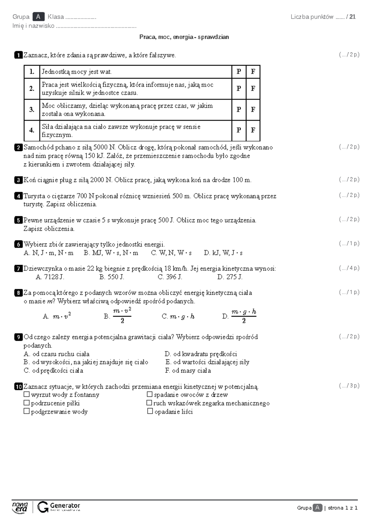 Sprawdzian Praca I Energia Klasa 7 www.studocu.com