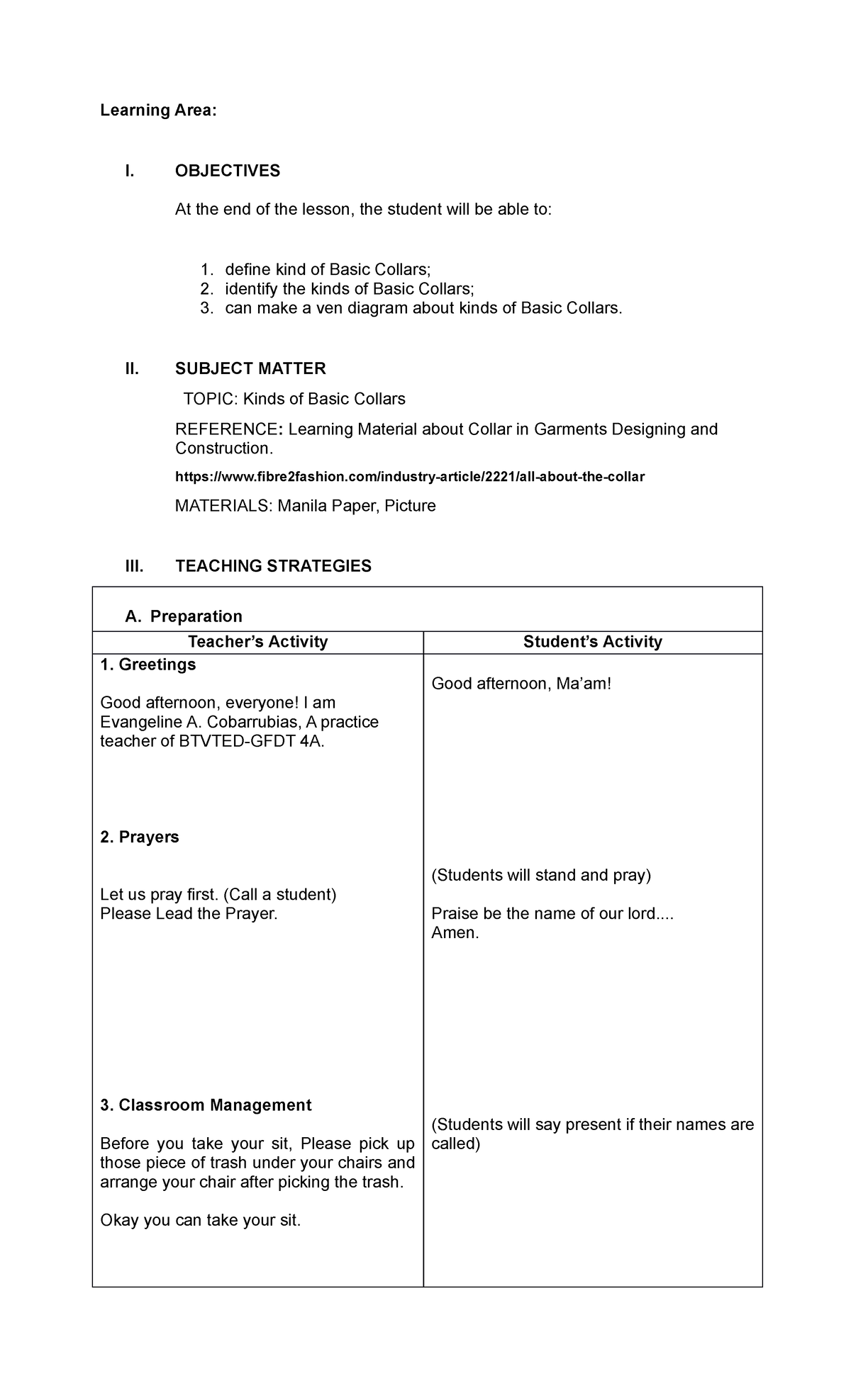 Detailed Lesson PLAN About Collars edited - Learning Area: I ...