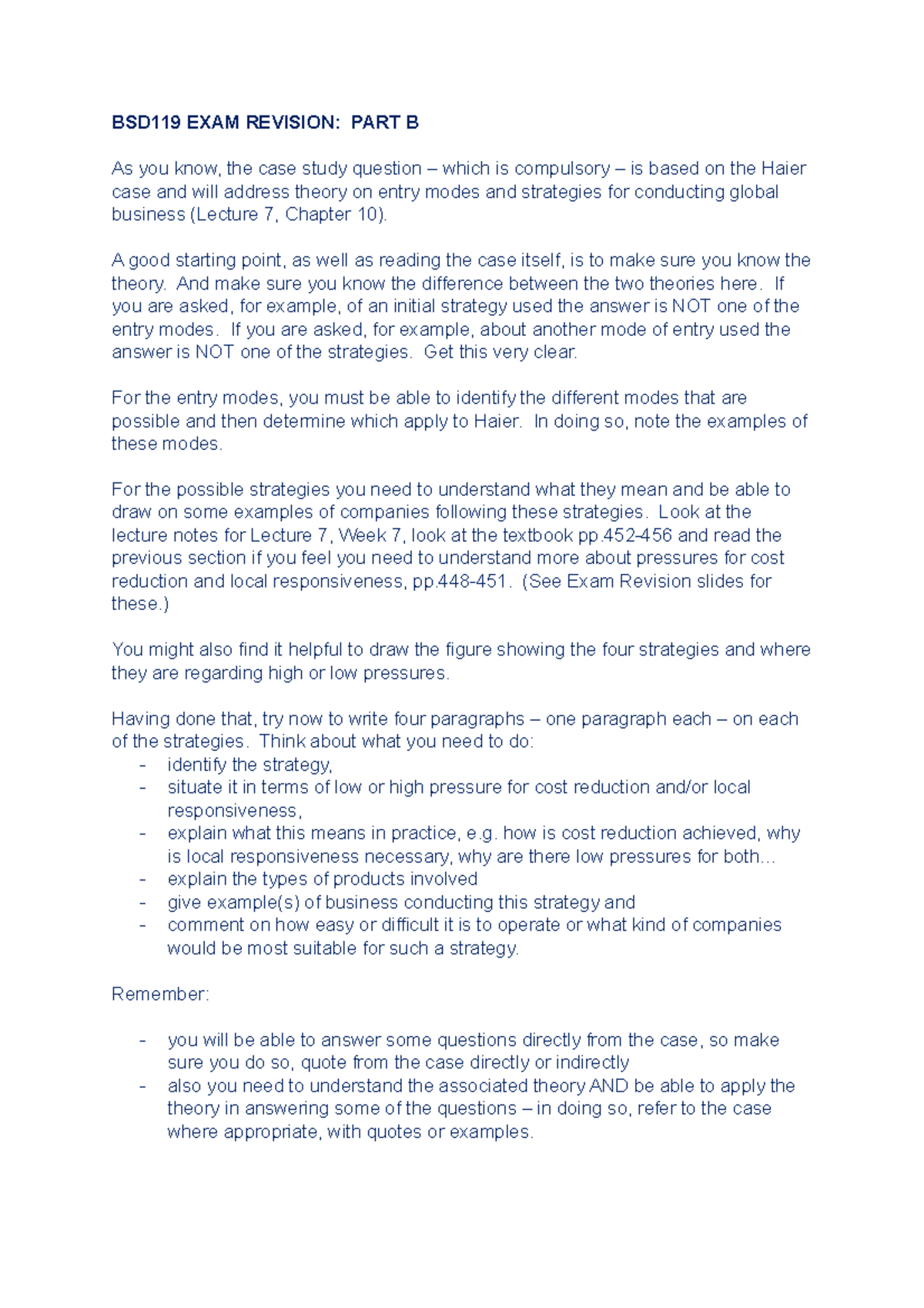 PART B revision notes - SAMPLE - BSD119 EXAM REVISION: PART B As you ...