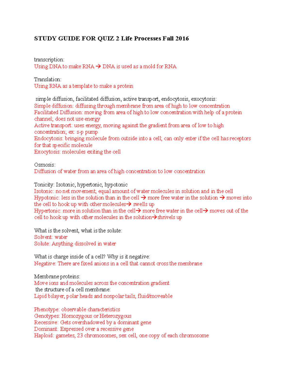 Study Guide Quiz 2 - STUDY GUIDE FOR QUIZ 2 Life Processes Fall 2016 ...