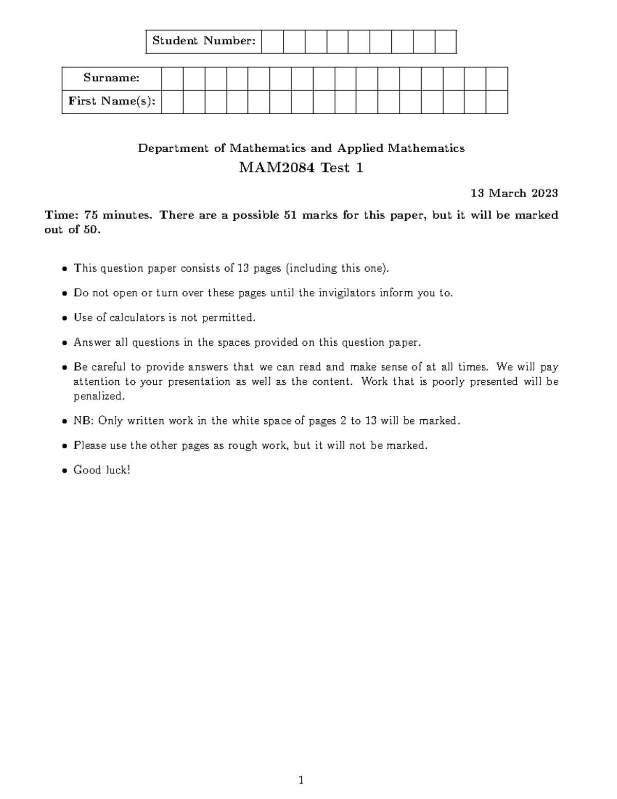 Class Test 1 2023 - Test 1 2023 - Surname: First Name(s): Department Of ...