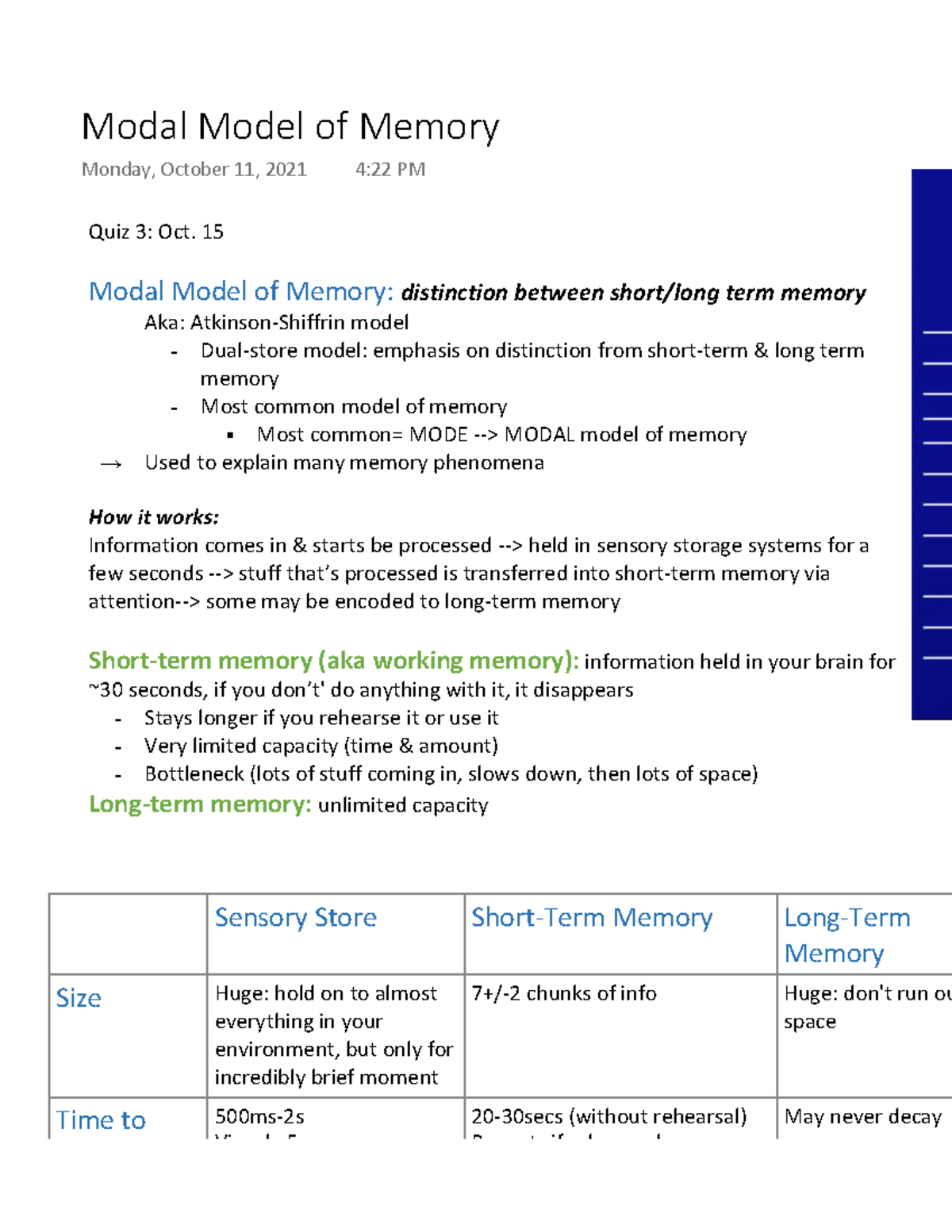 Modal Model of Memory - Quiz 3: Oct. 15 Modal Model of Memory ...