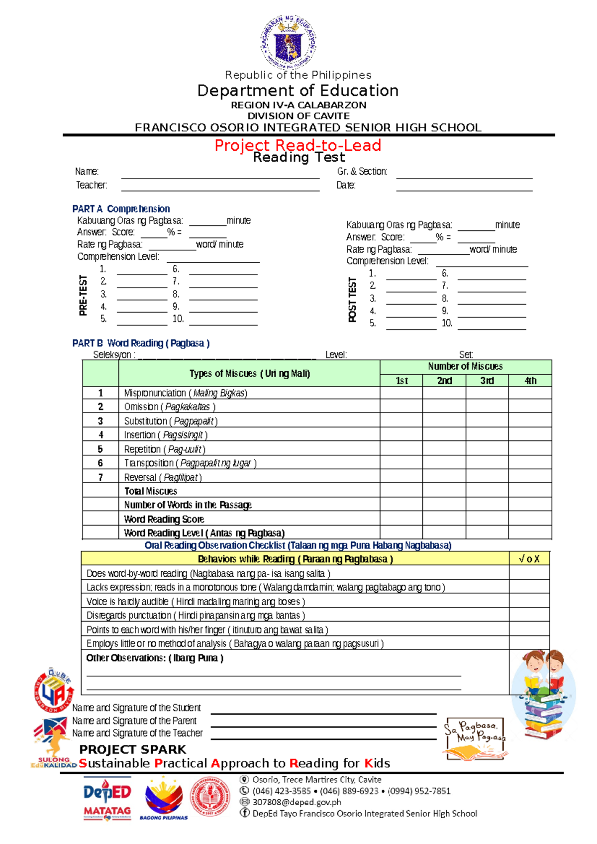 Reading assessment tool project read to lead project spark