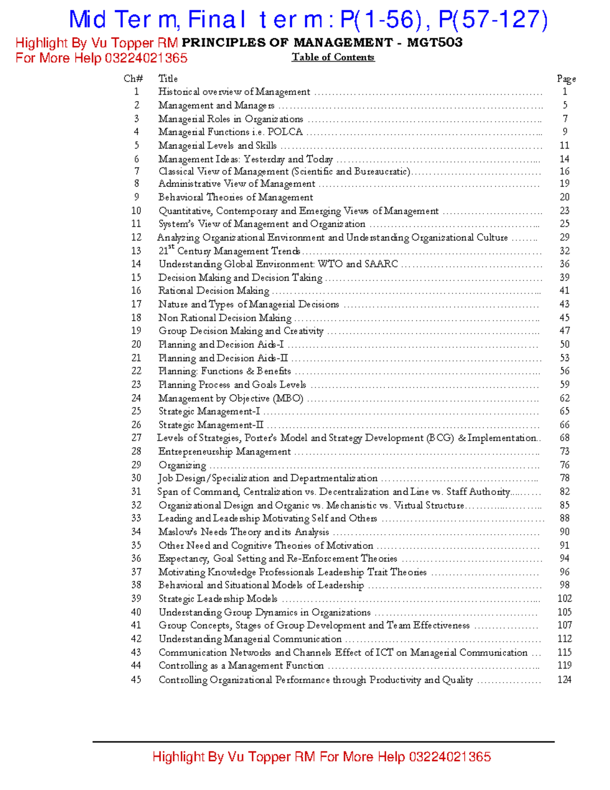 MGT503 Highlight Handout By Pin ️ - Table of Contents - PRINCIPLES OF ...