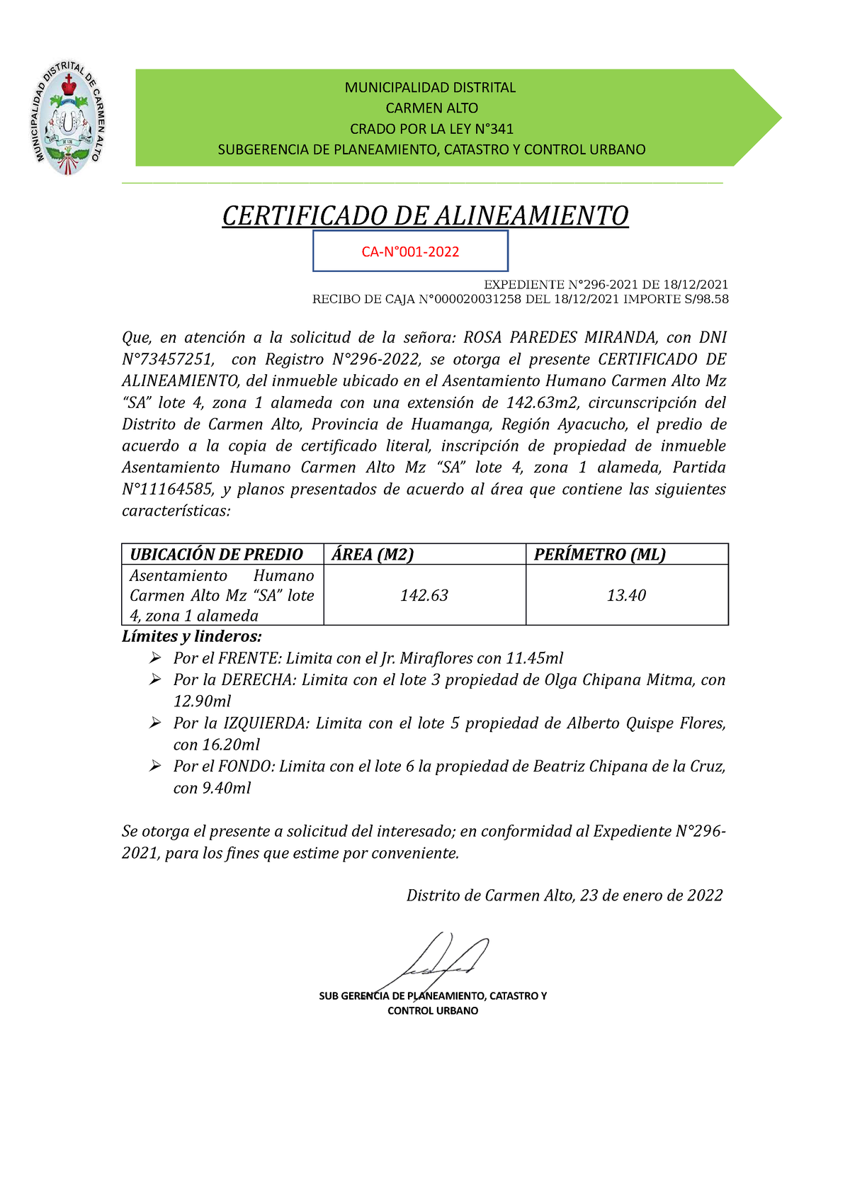 Certificado De Alineamiento Copia Certificado De Alineamiento Expediente N°296 2021 De 1812 0366