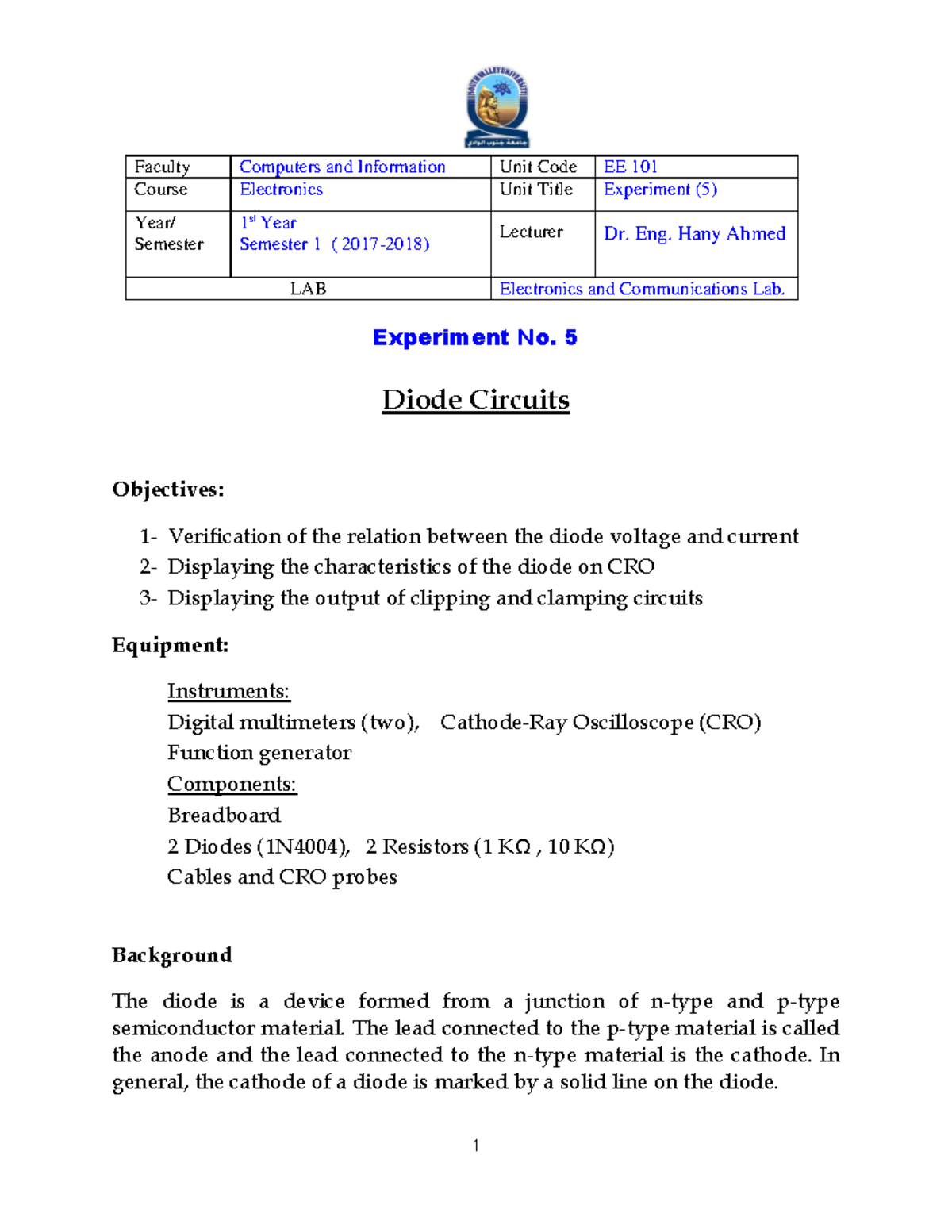 Experiment No 5-1 - Faculty Computers and Information Unit Code EE 101 ...