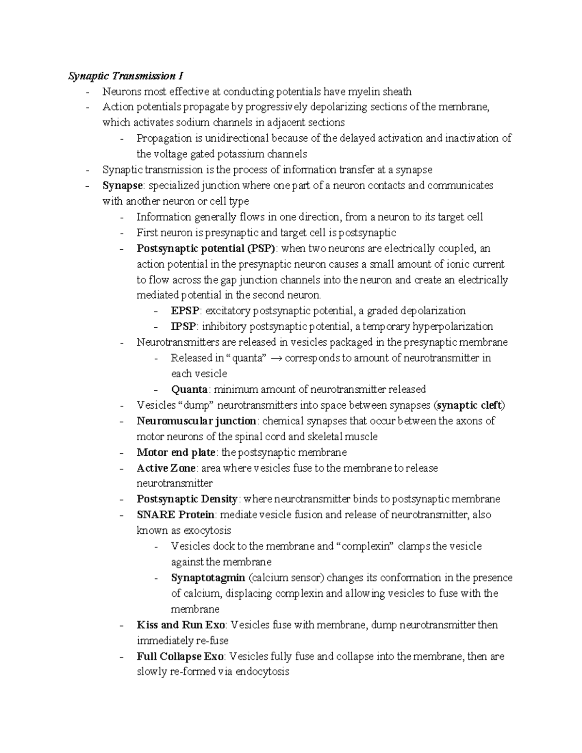 NE 101 Lecture 6 Compiled Notes - Synaptic Transmission I - Neurons ...