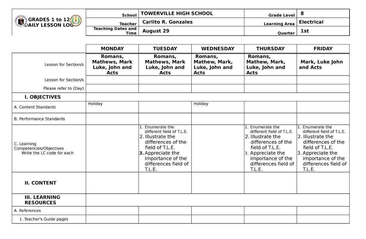 C - tle subject - GRADES 1 to 12 DAILY LESSON LOG School TOWERVILLE ...