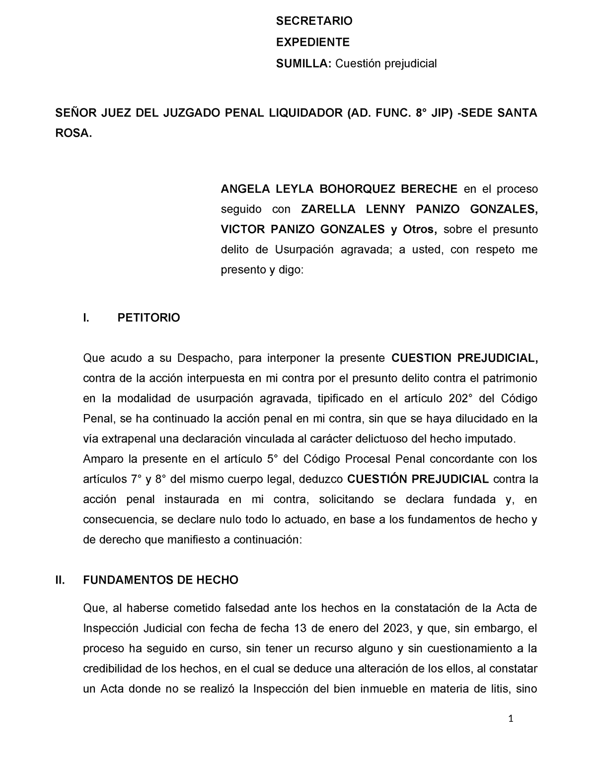 Cuestion Prejudicial - SIN - SECRETARIO EXPEDIENTE SUMILLA: Cuestión ...