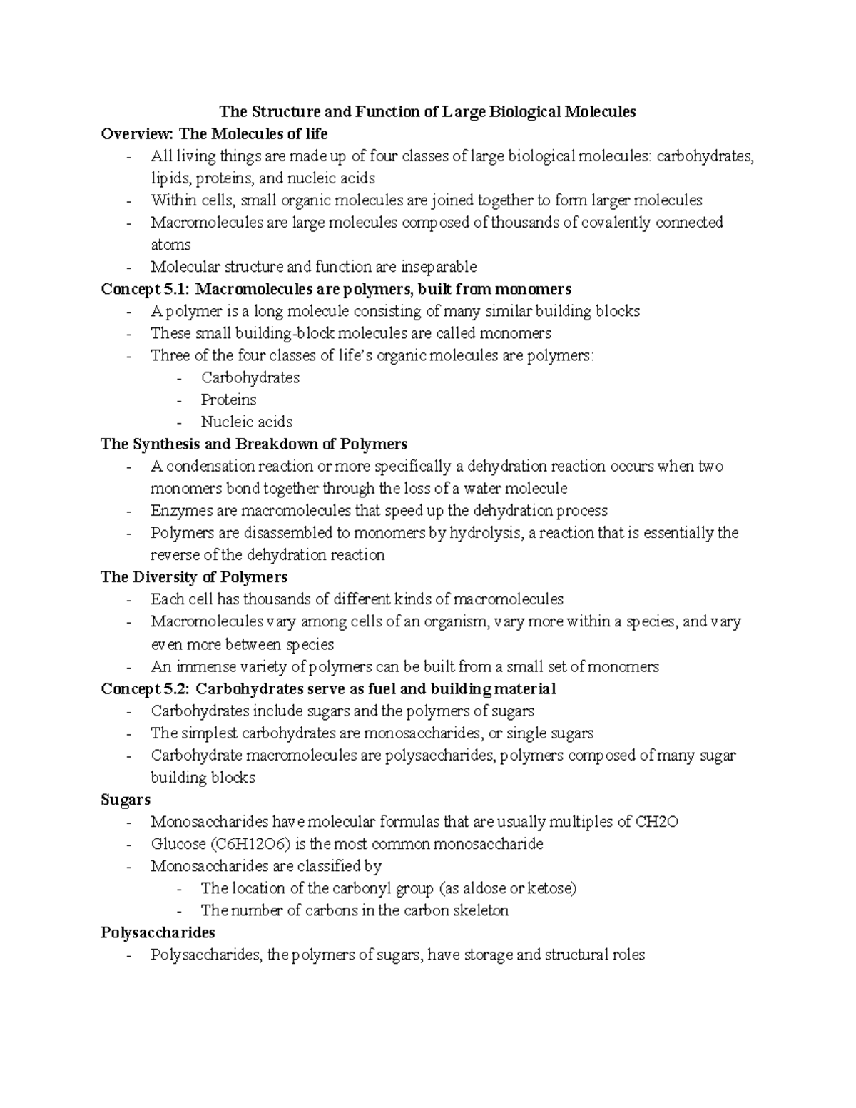 Bio 5.1 notes The Structure and Function of Large Biological