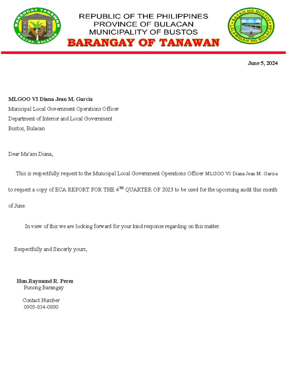 Request dilg - June 5, 202 4 MLGOO VI Diana Jean M. Garcia Municipal ...