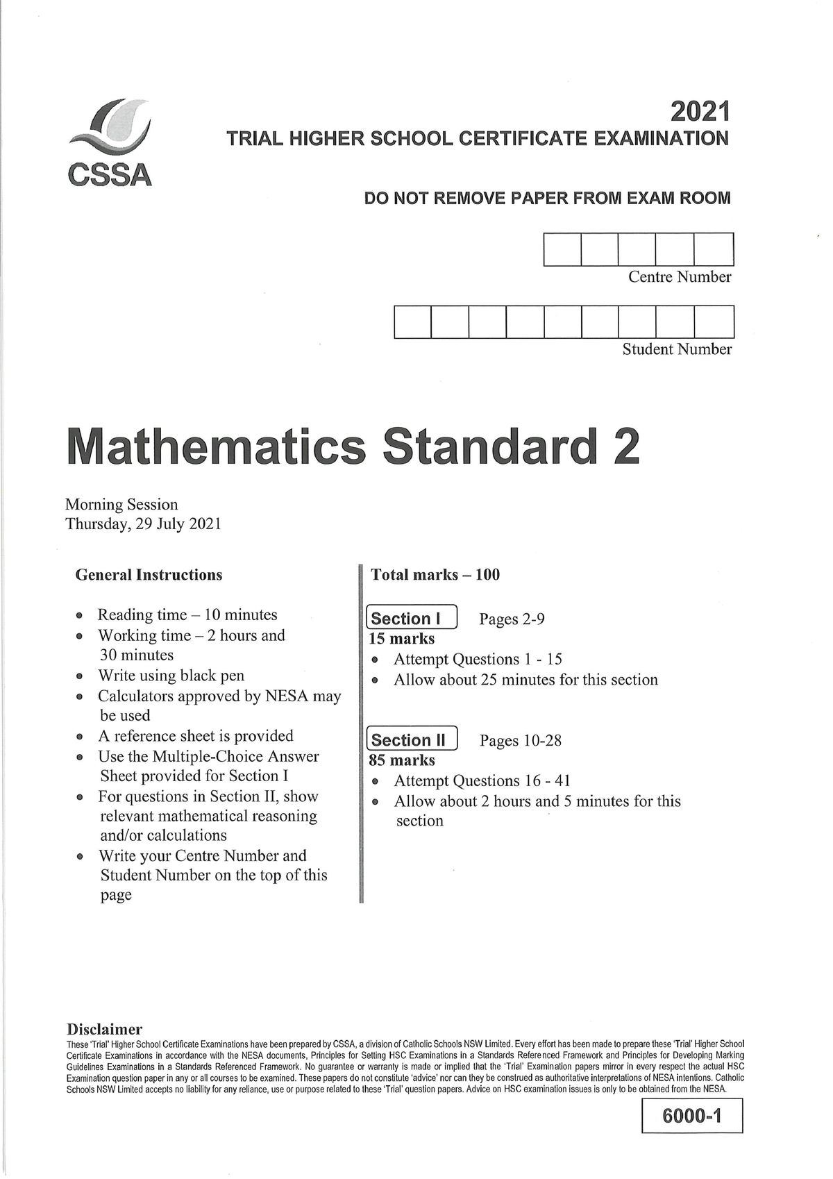 Mathematics Standard 2 CSSA Trial 2021 With Solutions - psych1002 - Studocu