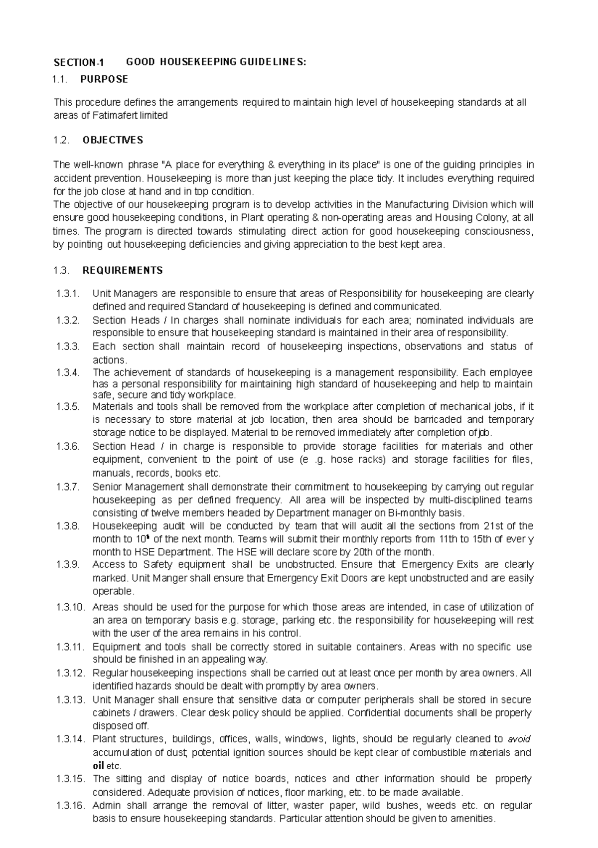 Housekeeping Guideline 1. GOOD HOUSEKEEPING GUIDELINES PURPOSE This