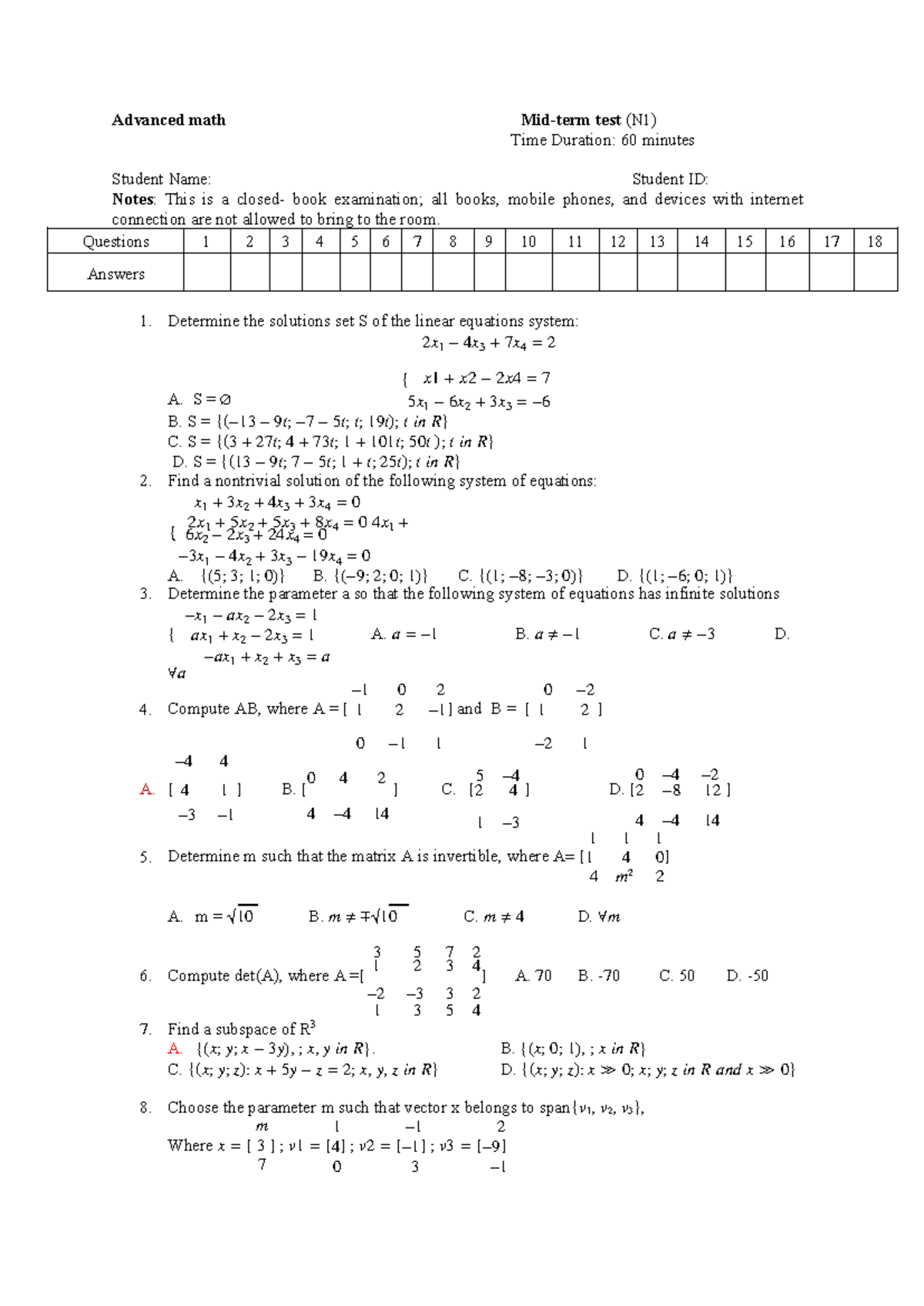 Advanced-math Midterm - Advanced math Mid-term test (N1) Time Duration ...