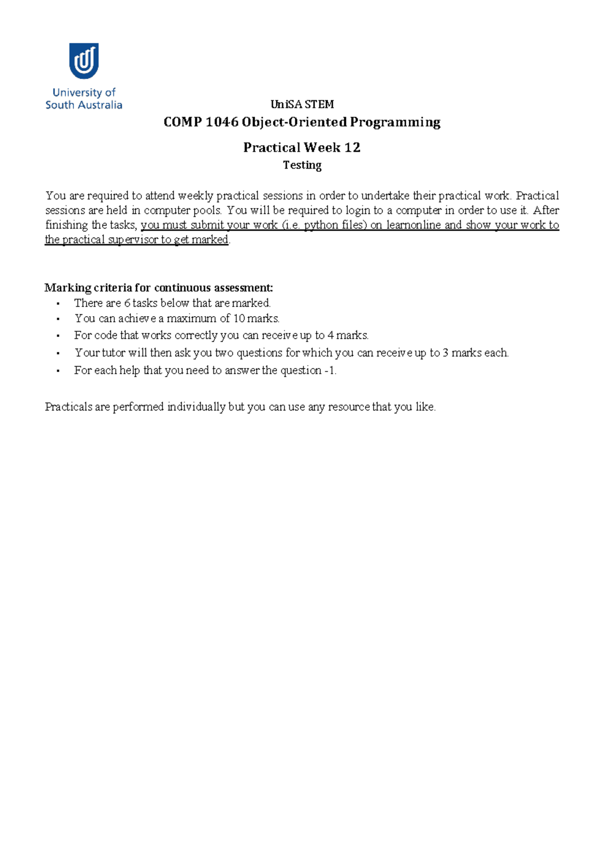 COMP 1046 OOP CPR Week 12 Testing - COMP 1046 - UniSA - Studocu