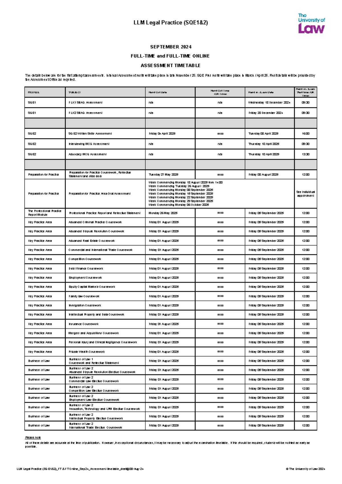 LLM Legal Practice (SQE1&2) FT & FT Online Sep24 Assessment timetable ...