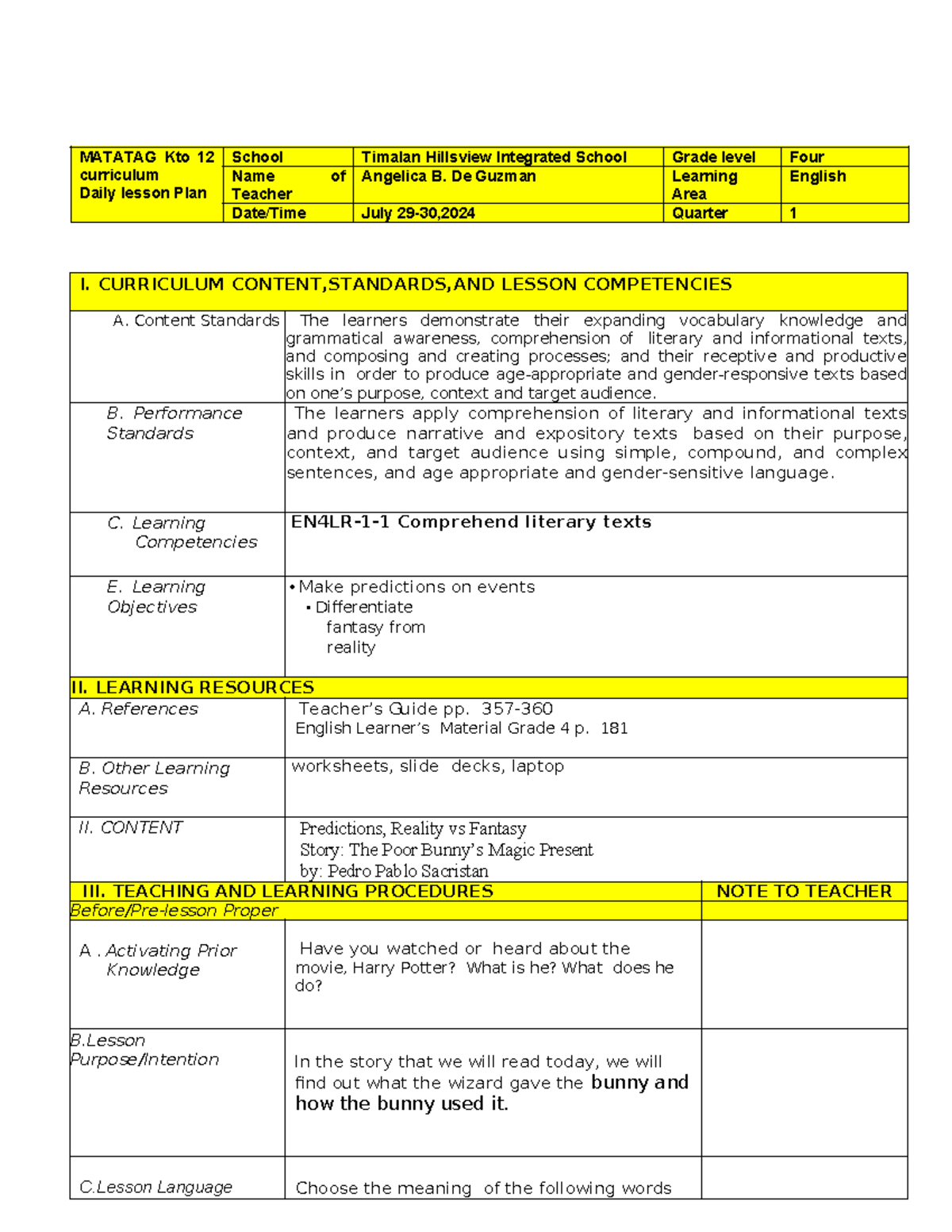 ENG-Day1 - Q1 Week 1 D1 - MATATAG Kto 12 curriculum Daily lesson Plan ...
