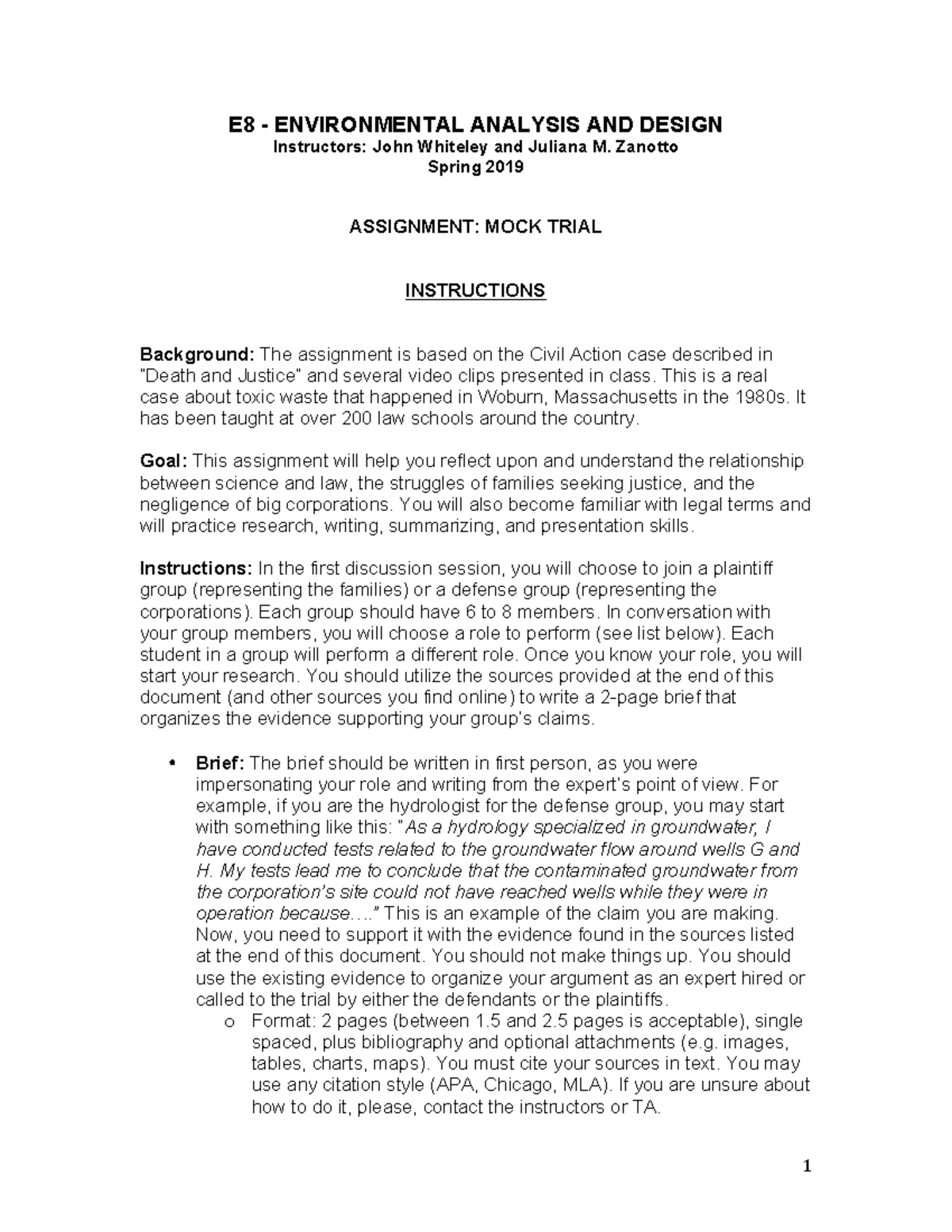 Mock Trial Assignment Instructions-29 - E29 - ENVIRONMENTAL ANALYSIS