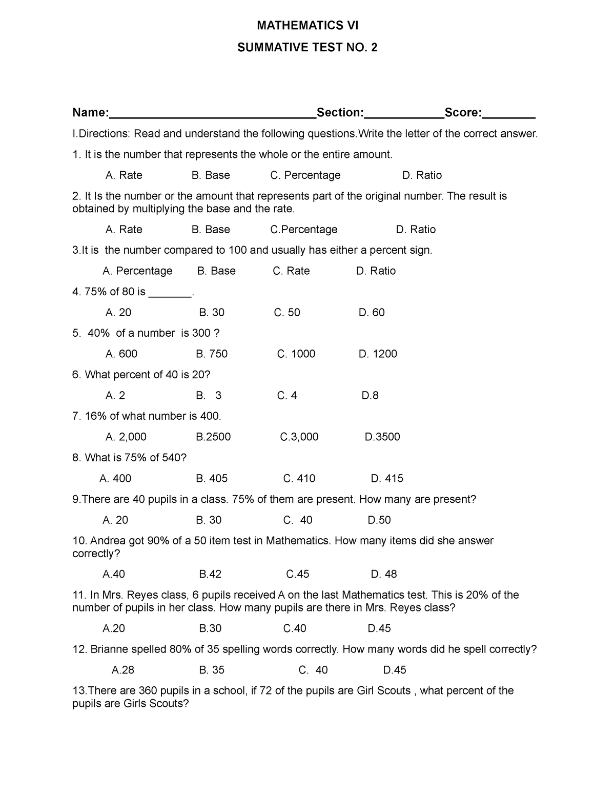 Q2 Second Summative Test in Math 6 - MATHEMATICS VI SUMMATIVE TEST NO ...