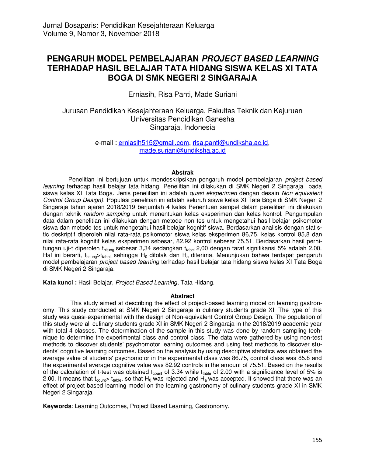 Pengaruh Model Pembelajaran Project Based Learning - Volume 9, Nomor 3 ...