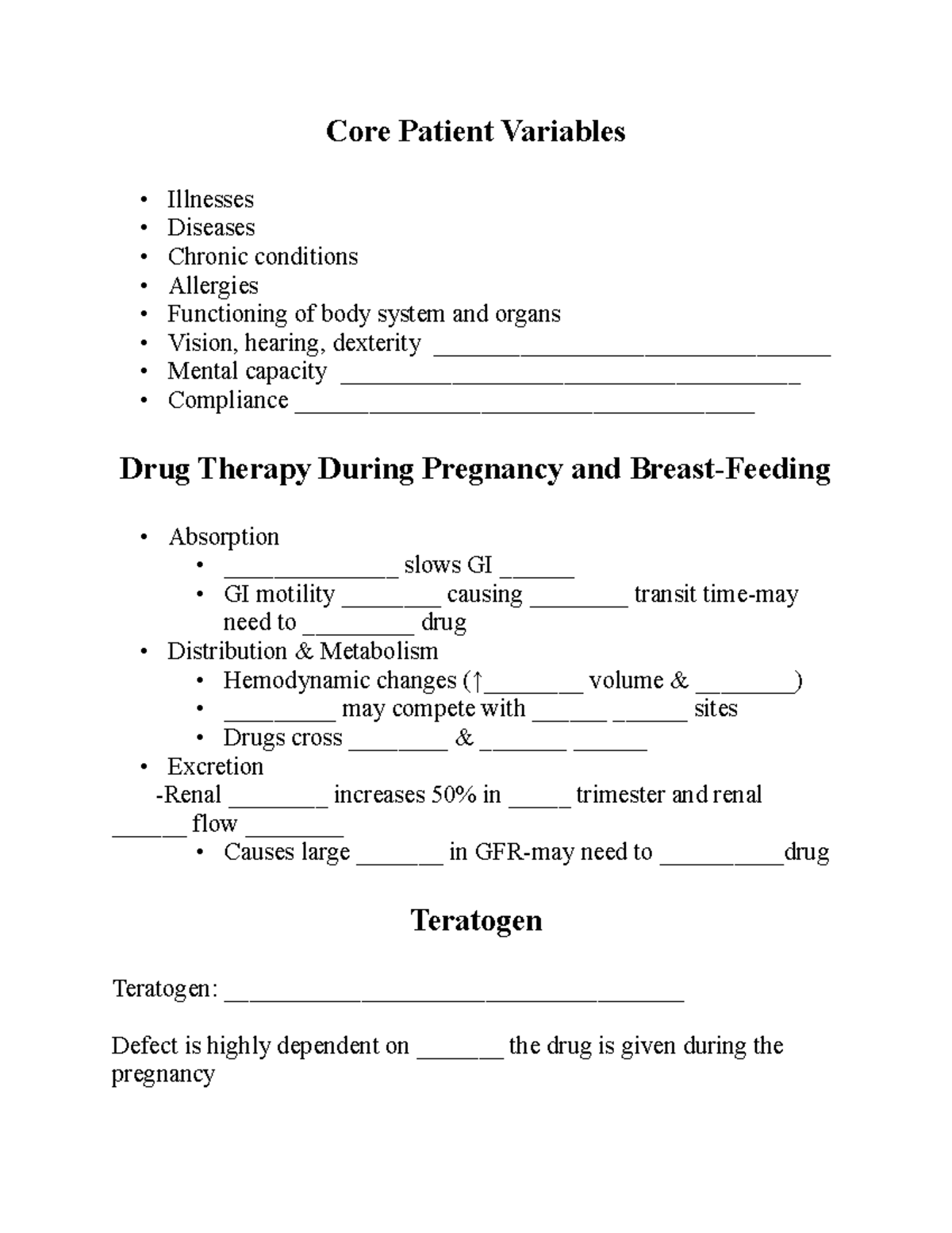 Patho-Pharm (Core Pt Variables) Wk 3 Notes - Core Patient Variables ...