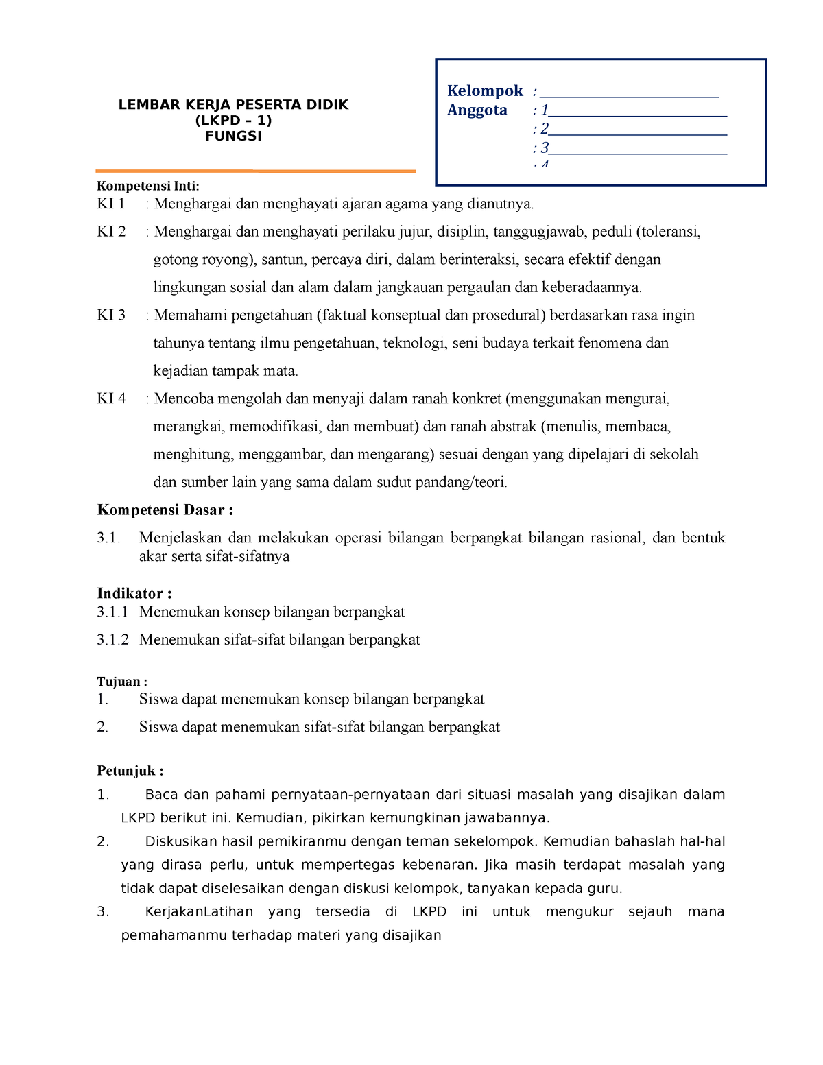 LKPD Pert 1 - Tes - LEMBAR KERJA PESERTA DIDIK (LKPD – 1) FUNGSI ...