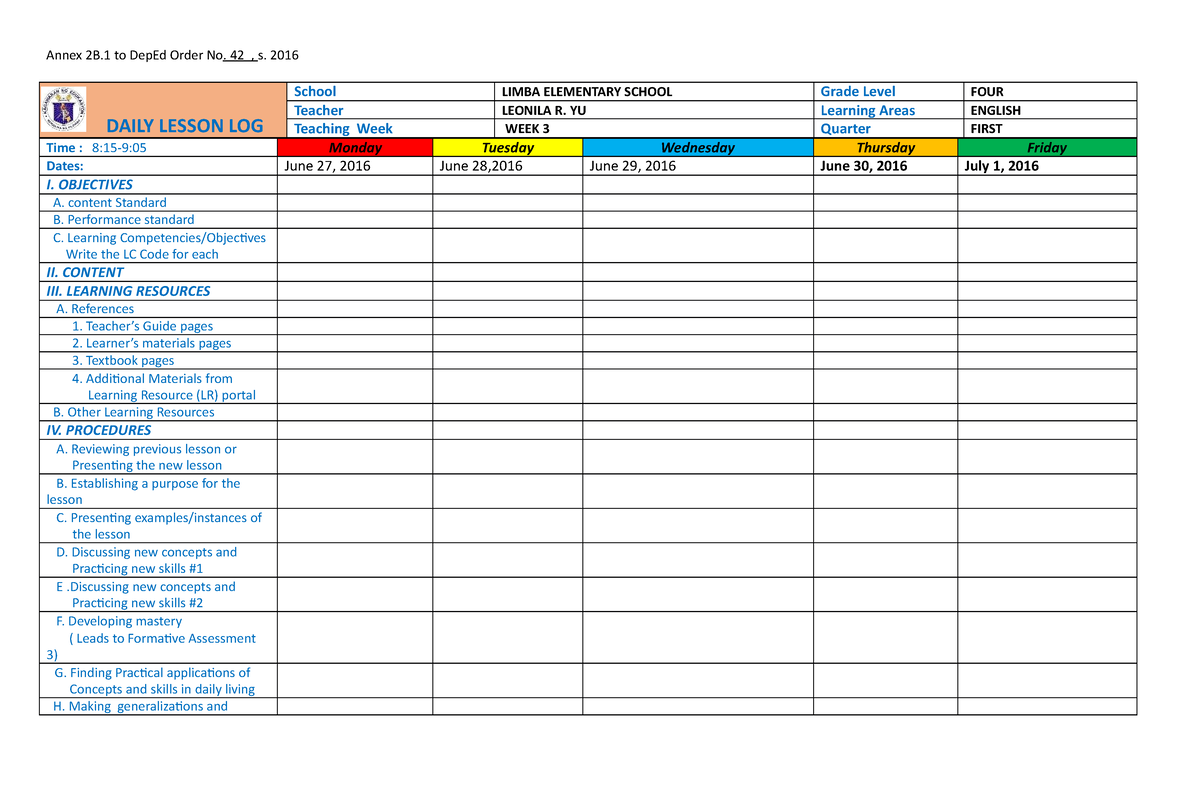 Lesson Plan Do 42 - Dda - Annex 2B To DepEd Order No. 42 , S. 2016 ...