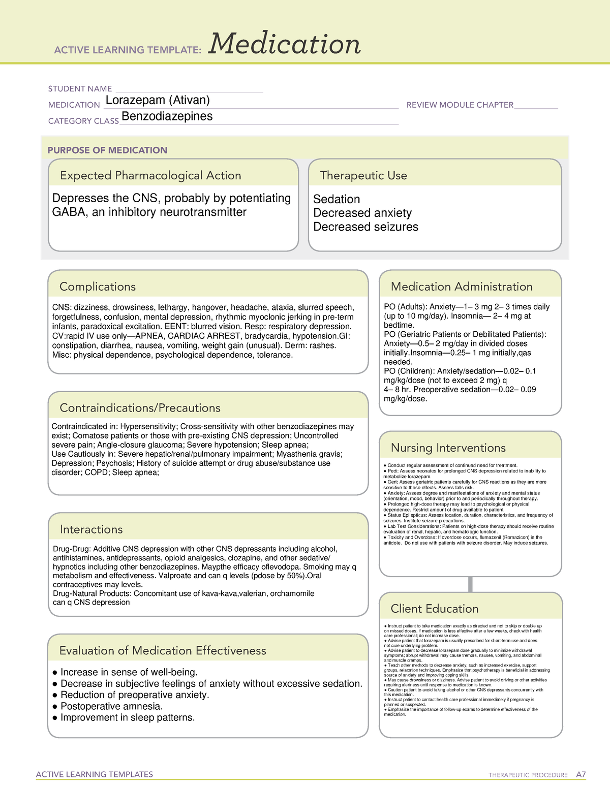 Lorazepam med card Medication Card ACTIVE LEARNING TEMPLATES