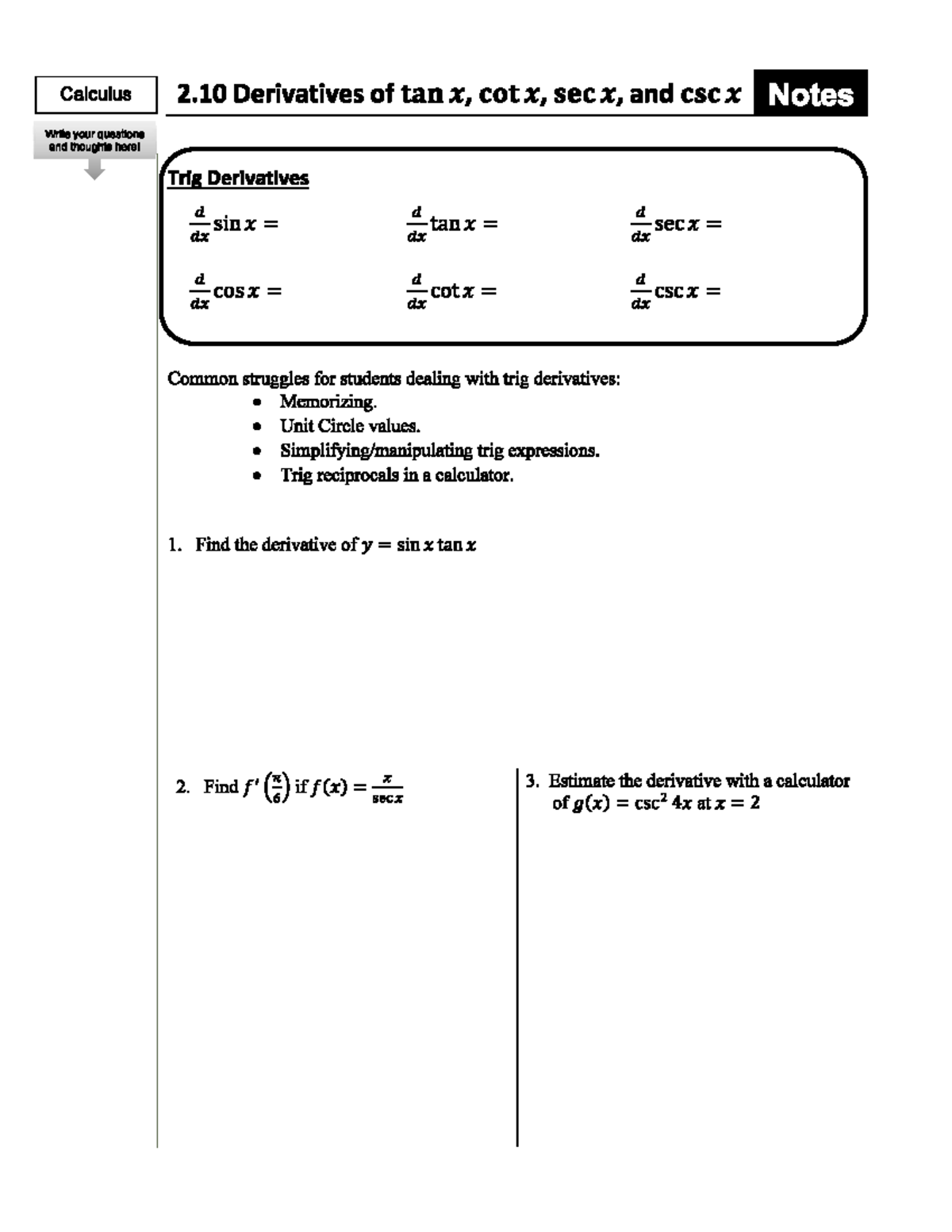 2.10 Derivatives of tan(x), cot(x), sec(x), and csc(x) Notes Studocu