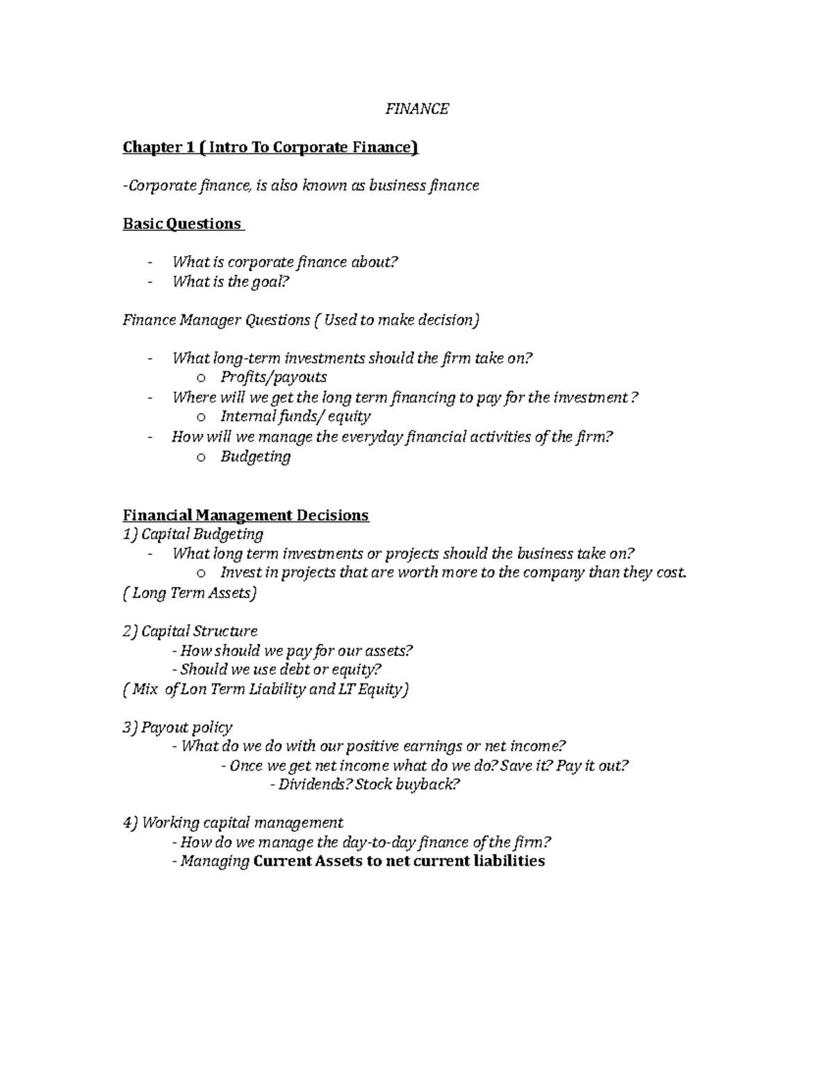 Finance Chapter 1 - FINANCE Chapter 1 ( Intro To Corporate Finance ...