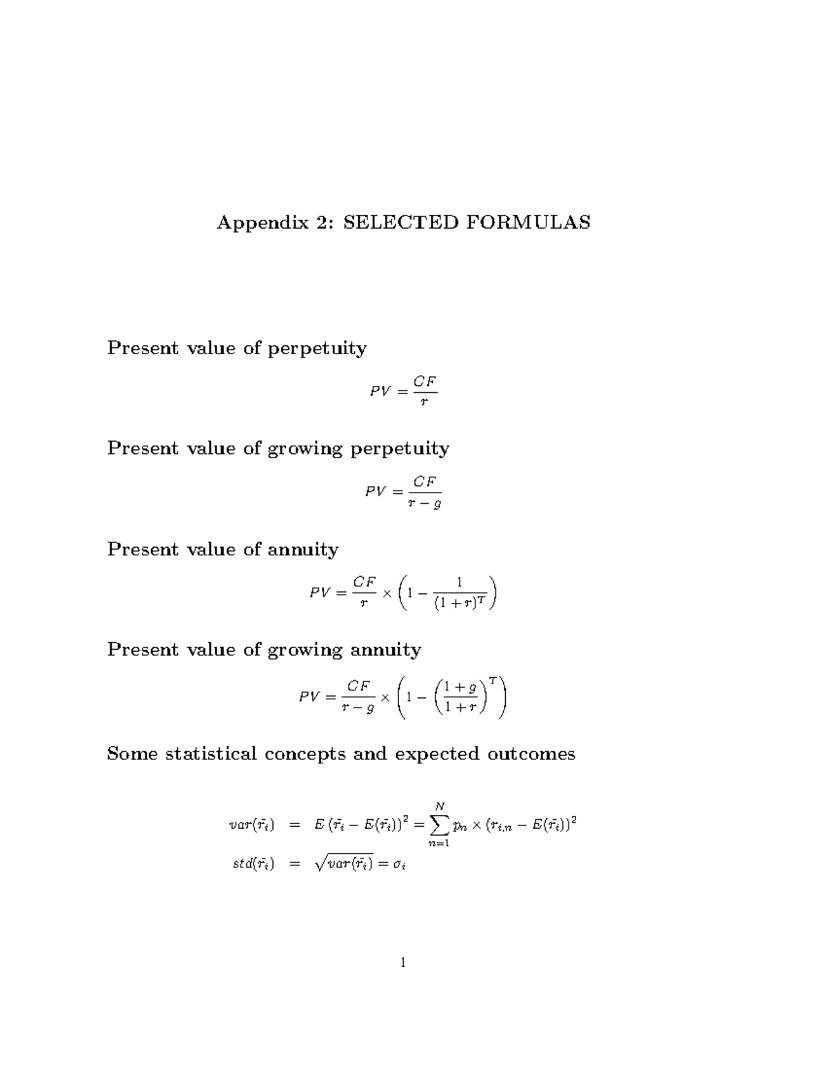 Formula Sheets - Appendix 2: SELECTED FORMULAS Present value of ...