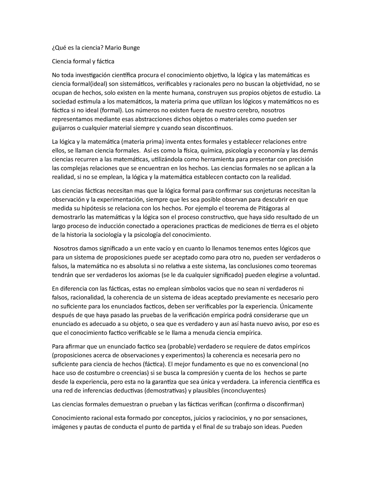 Mario bunge cap I Resumen La ciencia, su método y su