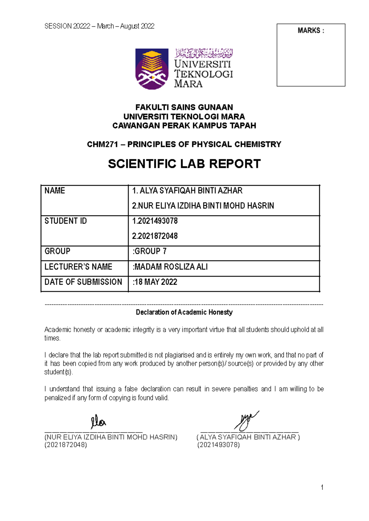 CHM271 -LAB Report - FAKULTI SAINS GUNAAN UNIVERSITI TEKNOLOGI MARA ...