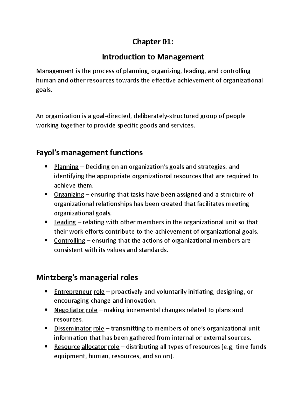 Dyck Chapter 01 Summary - Chapter 01: Introduction to Management ...