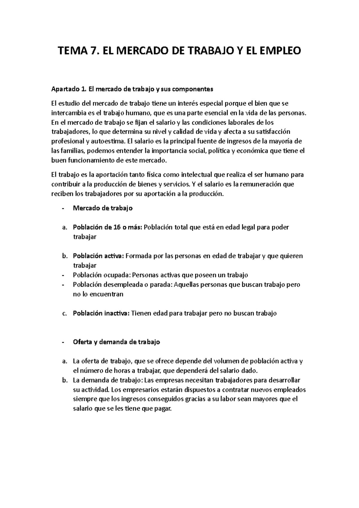 Economia 23march - TEMA 7. EL MERCADO DE TRABAJO Y EL EMPLEO Apartado 1 ...