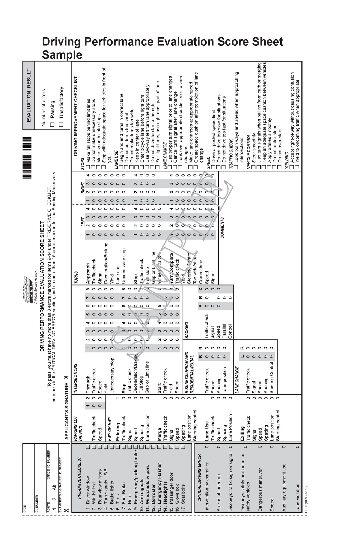 Driving Performance Evaluation Score Sheet Sample - DATE 34 STATE OF ...