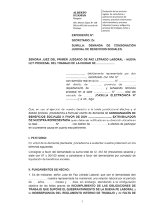 Modelo demanda de consignación judicial beneficios sociales - ALBERTO  HUAMÁN Abogado Ofic: Manco - Studocu