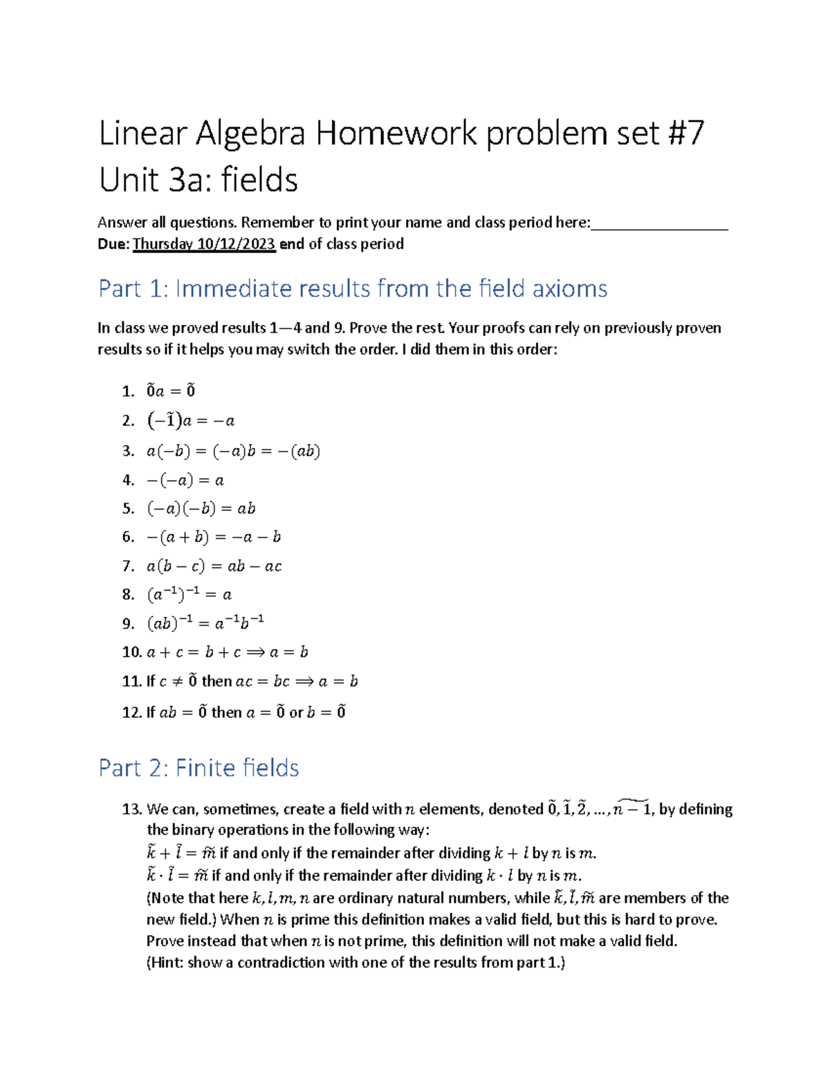 HW7 - homework - Linear Algebra Homework problem set # 7 Unit 3a ...