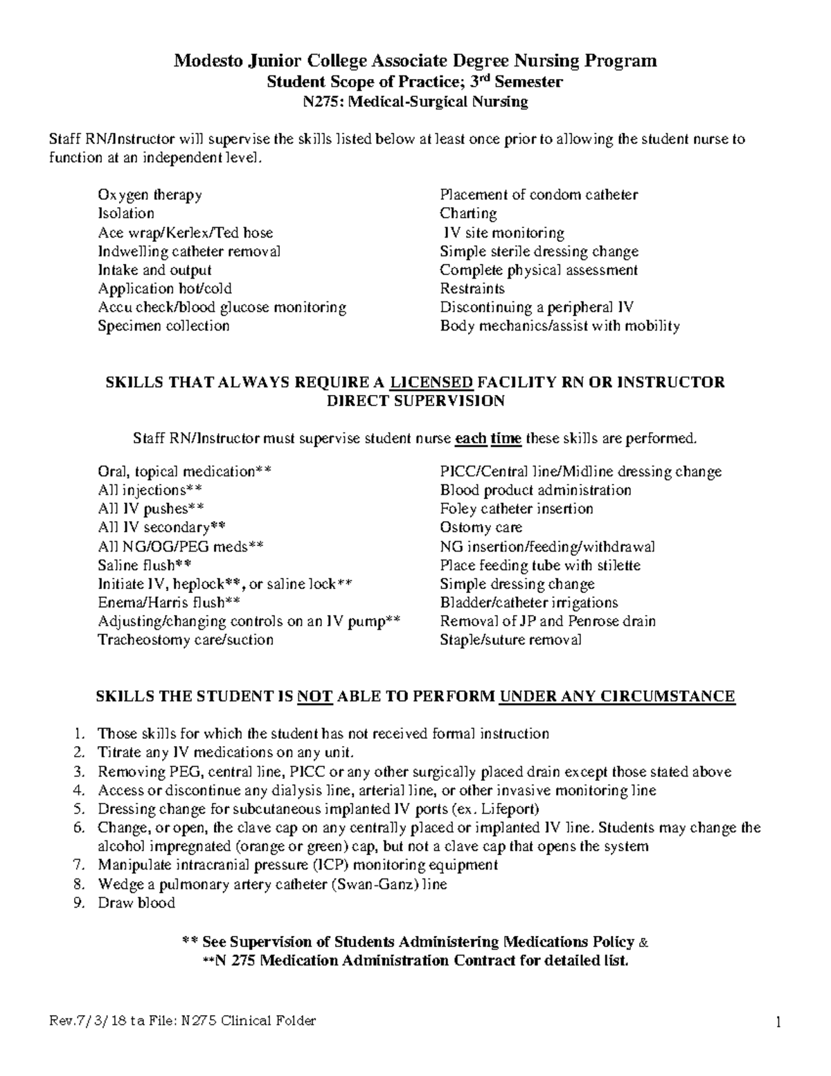 N 275 Student Scope of Practice Fa 20 - Rev/3/18 ta File: N275 Clinical ...