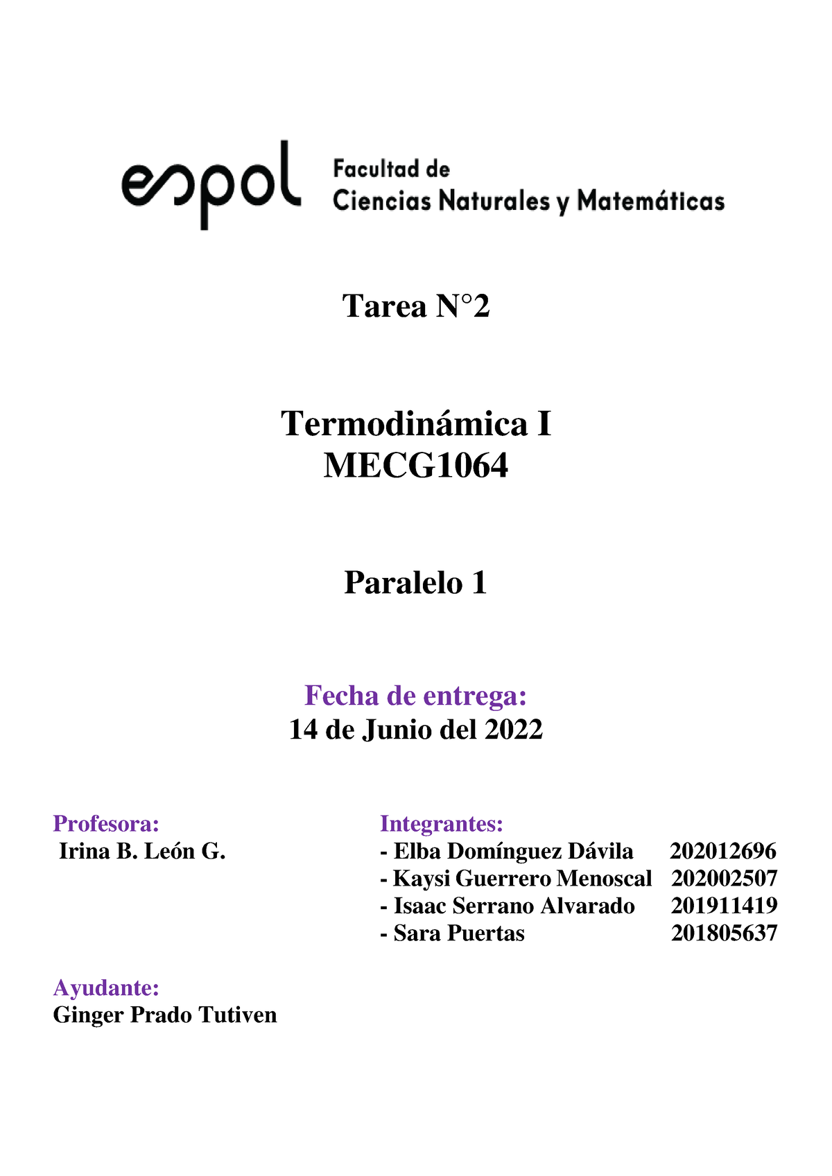 Deber 2 Grupo 8 Termodinámica 1 Tarea N° Termodinámica I Mecg