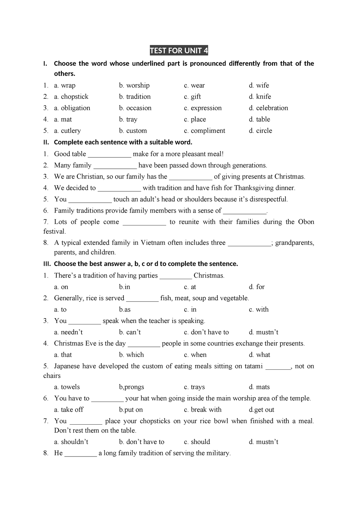 TEST FOR UNIT 4 - Anh 8 - TEST FOR UNIT 4 I. Choose the word whose ...