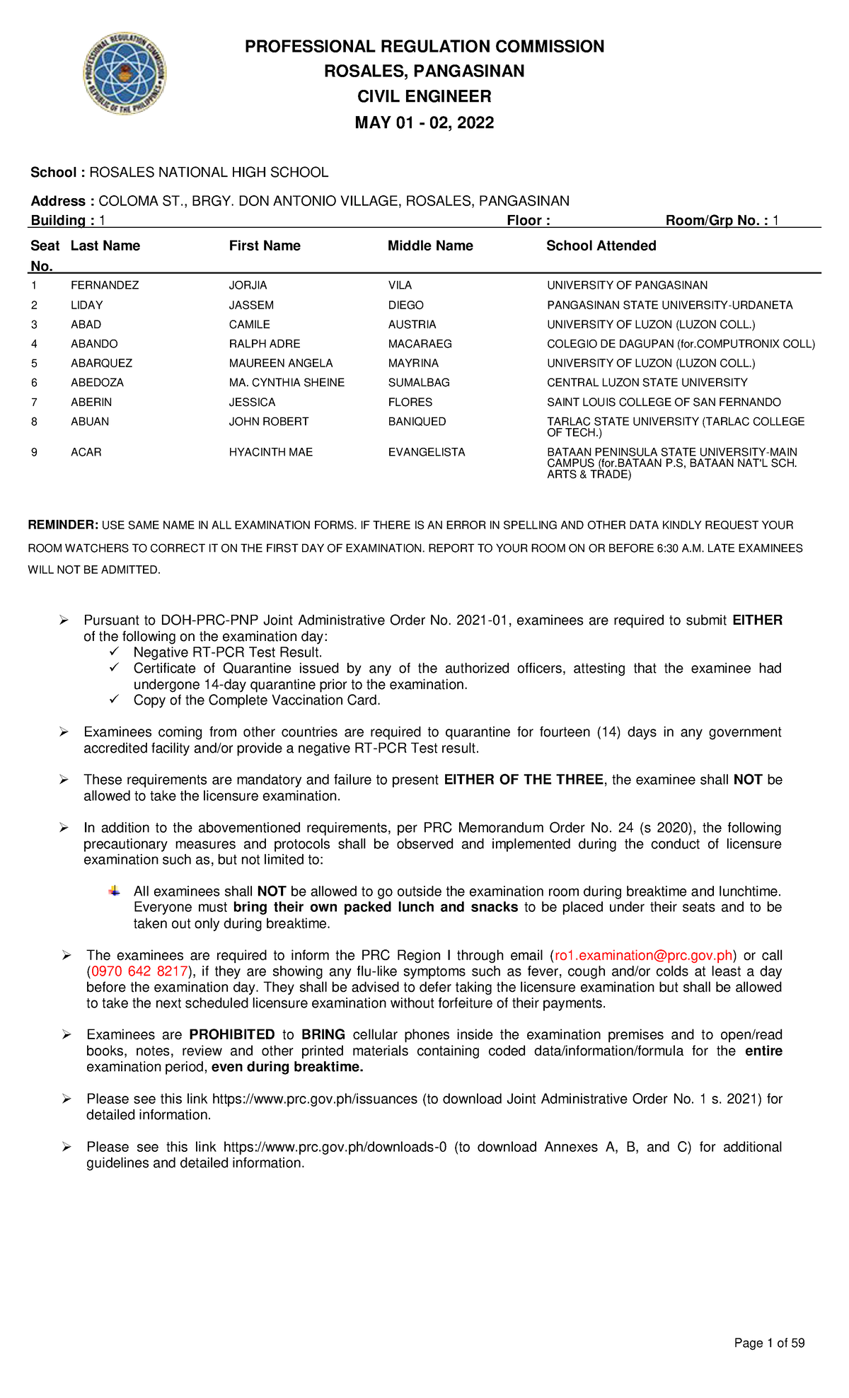 room assignment for civil engineering 2022