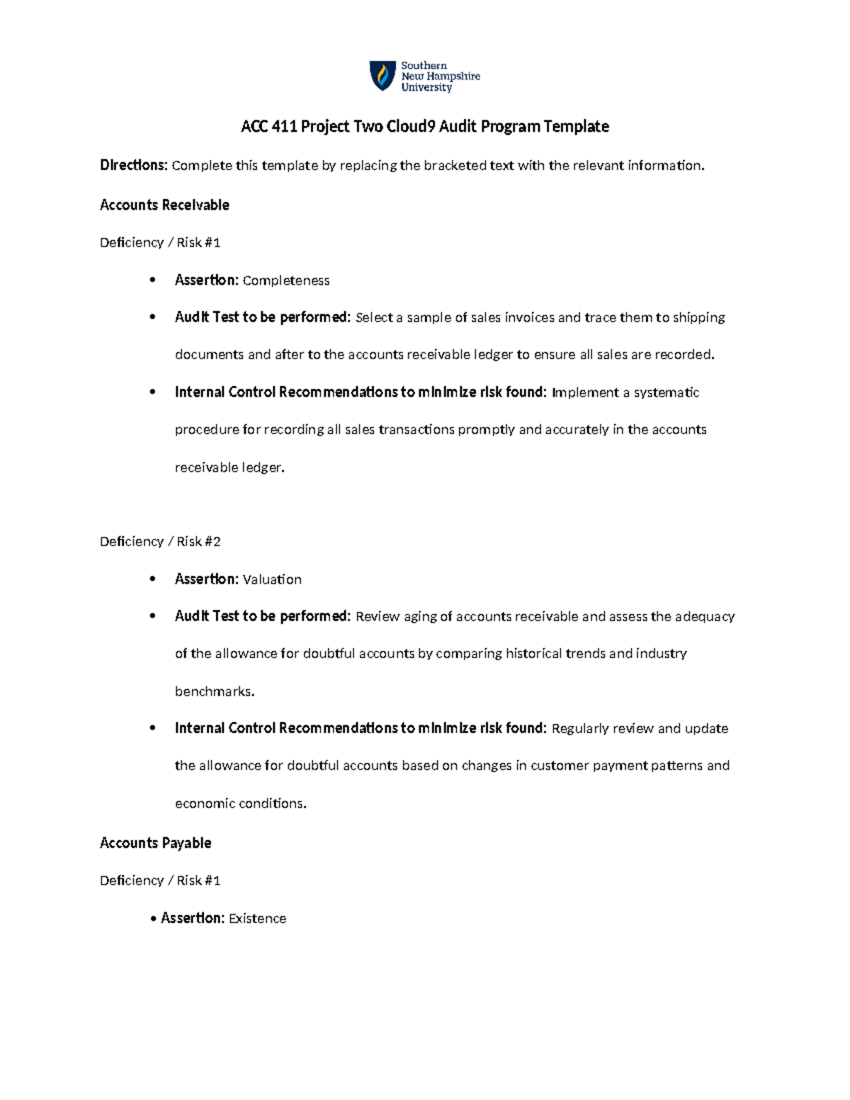 ACC 411 Project Two Cloud 9 Audit Program Template ADT - ACC 411 ...