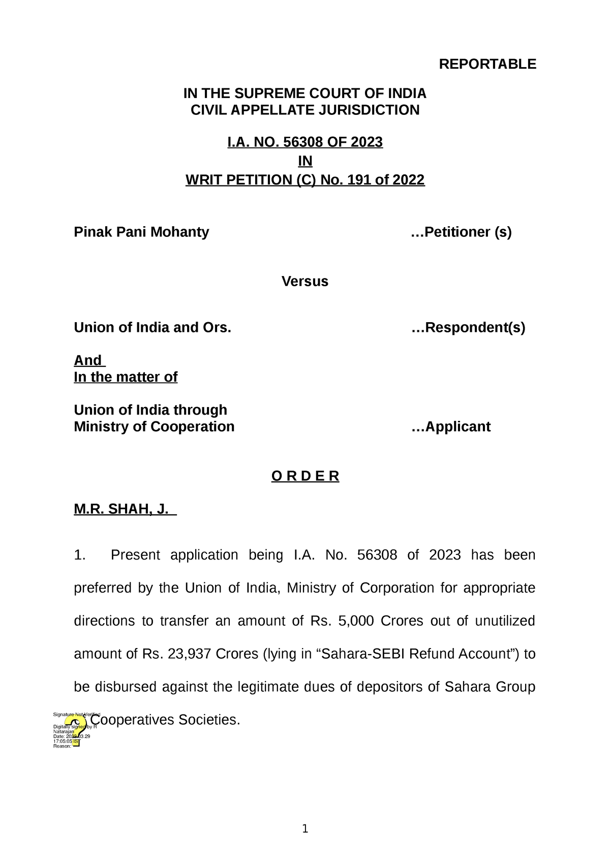 SC Order Dated 29th March 2023 - REPORTABLE IN THE SUPREME COURT OF ...