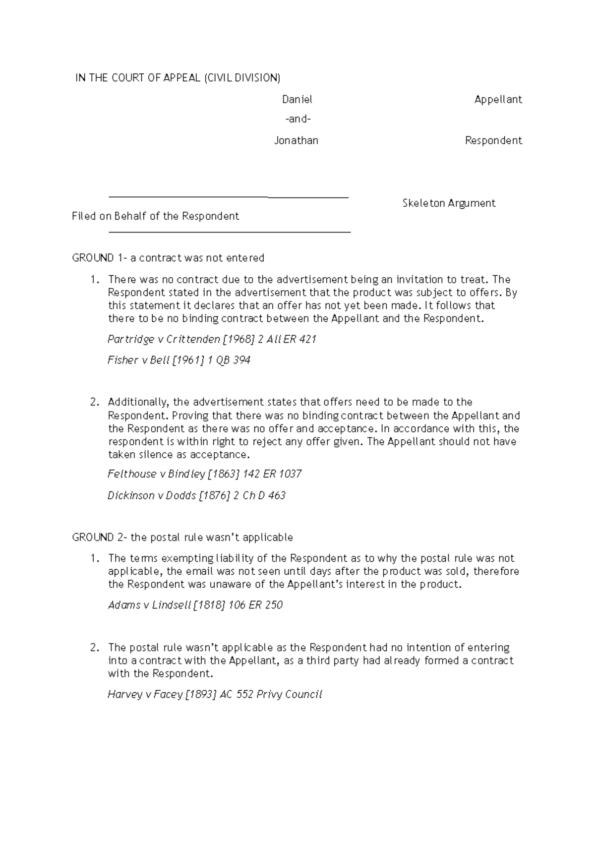 Final copy skeleton argument - IN THE COURT OF APPEAL (CIVIL DIVISION ...