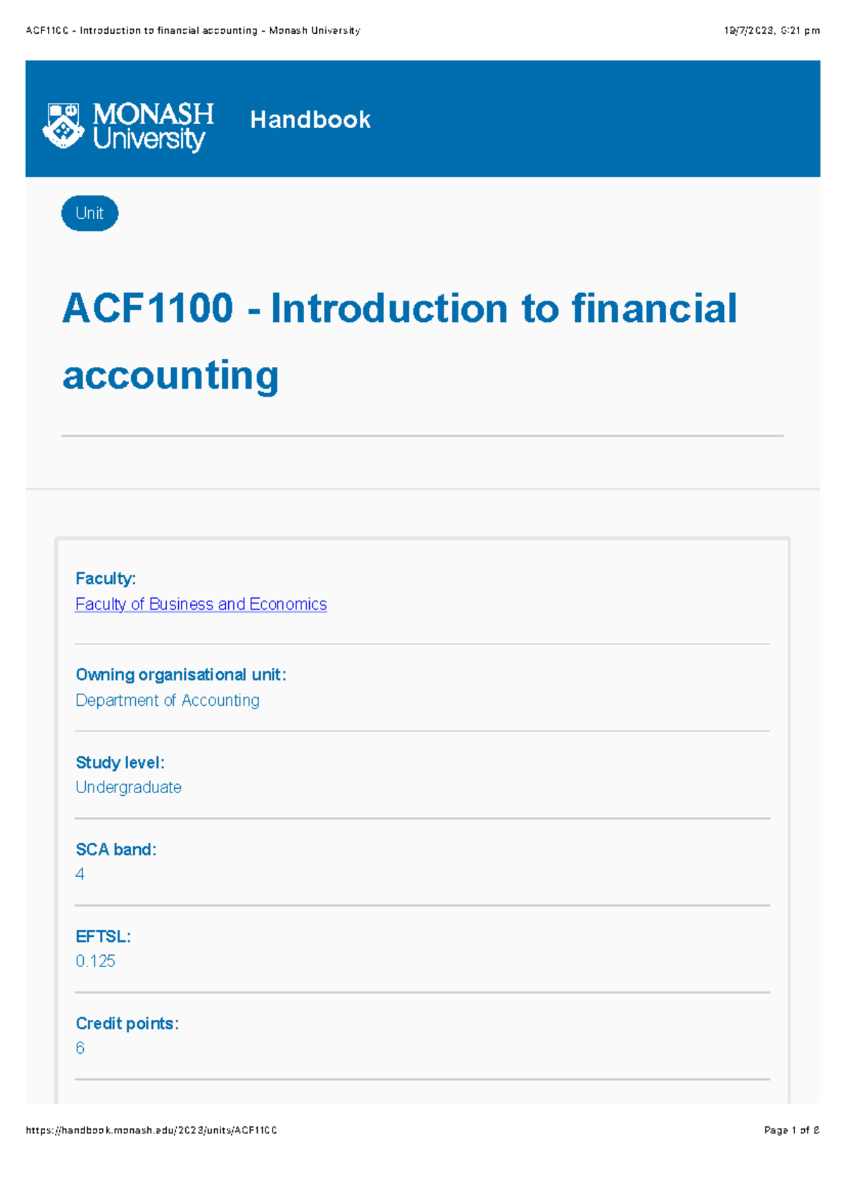 ACF1100 Introduction to financial accounting Monash University