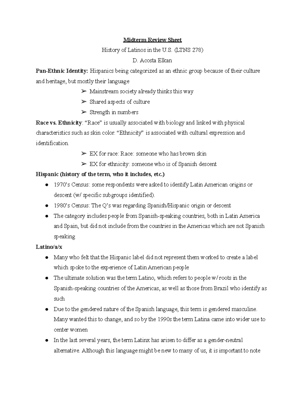 Midterm Review Sheet - Midterm Review Sheet History of Latinos in the U ...