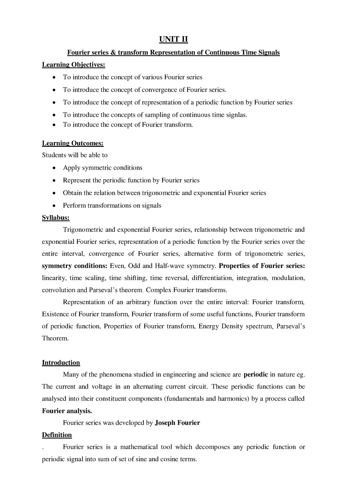 Fourier Series And Transform Representation Of Continuous Time Signals - UNIT II Fourier Series ...