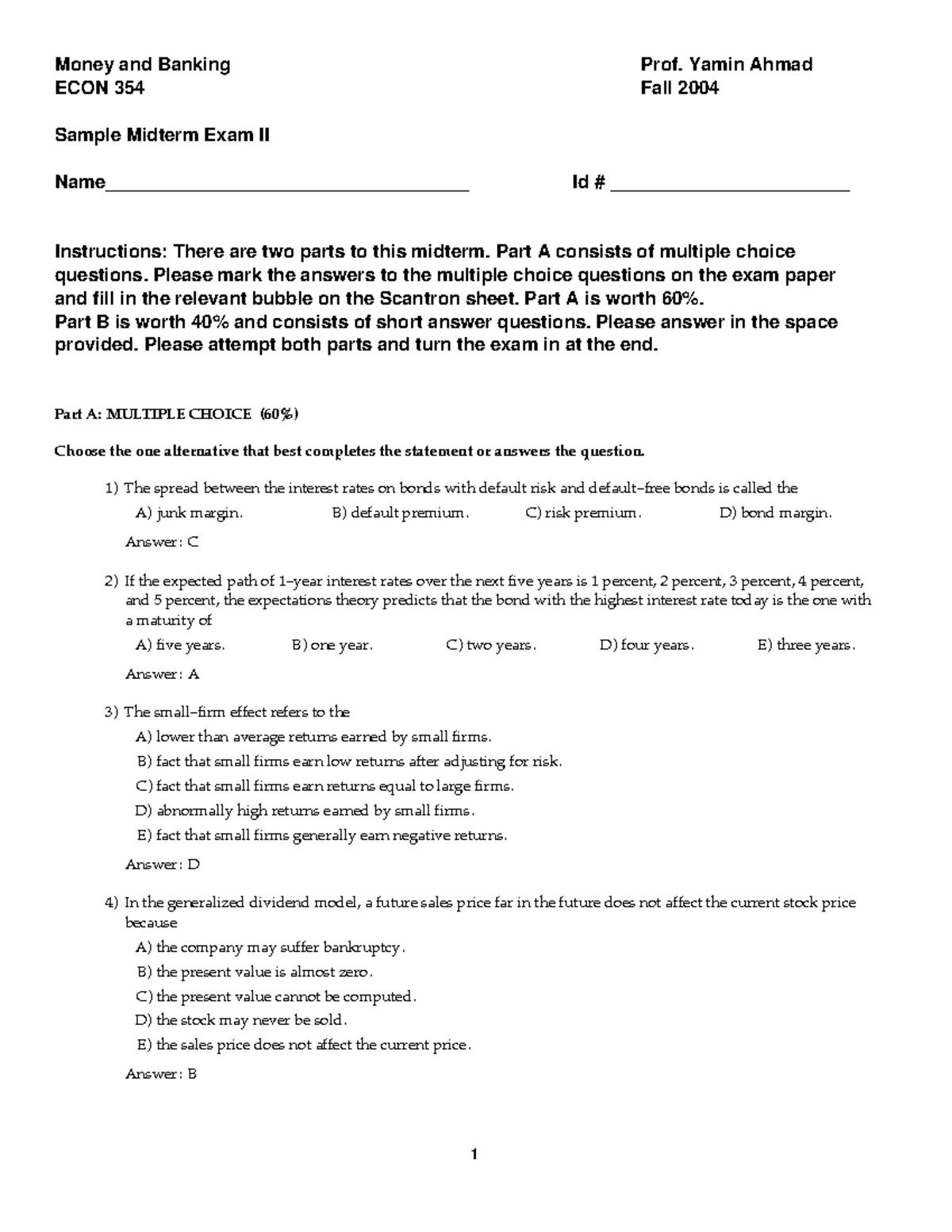 Smid2ans with answers - Money and Banking Prof. Yamin Ahmad ECON 354 ...